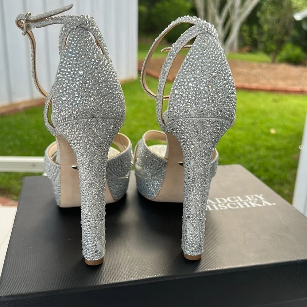 Badgley Mischka Silver Crystal Platform Sandals